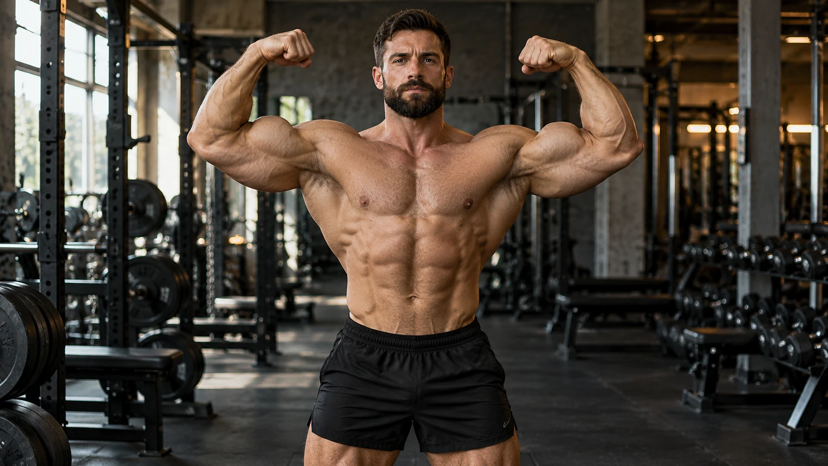 Bearded adult athlete holding a double-biceps pose in a strength gym